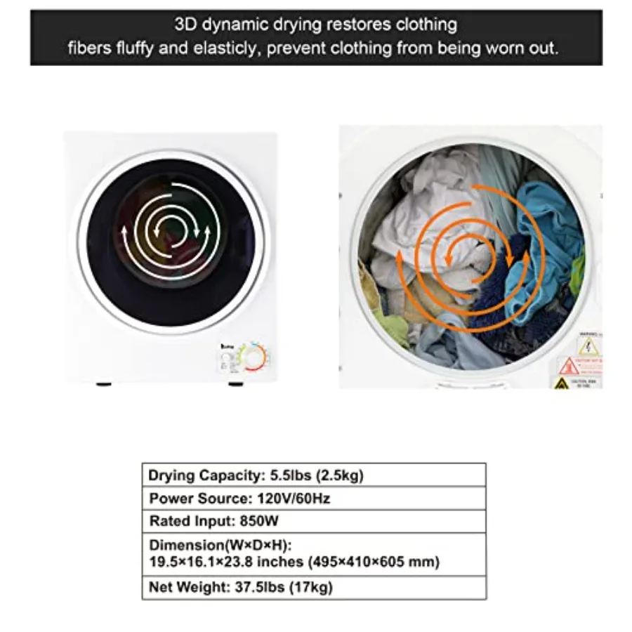 Portátil 1,5 pés cúbicos. Mini Secador de Roupa para Apartamentos, Dormitórios e RVs: Secador Elétrico Compacto com Capacidade de 5,5LBS Controle Simples