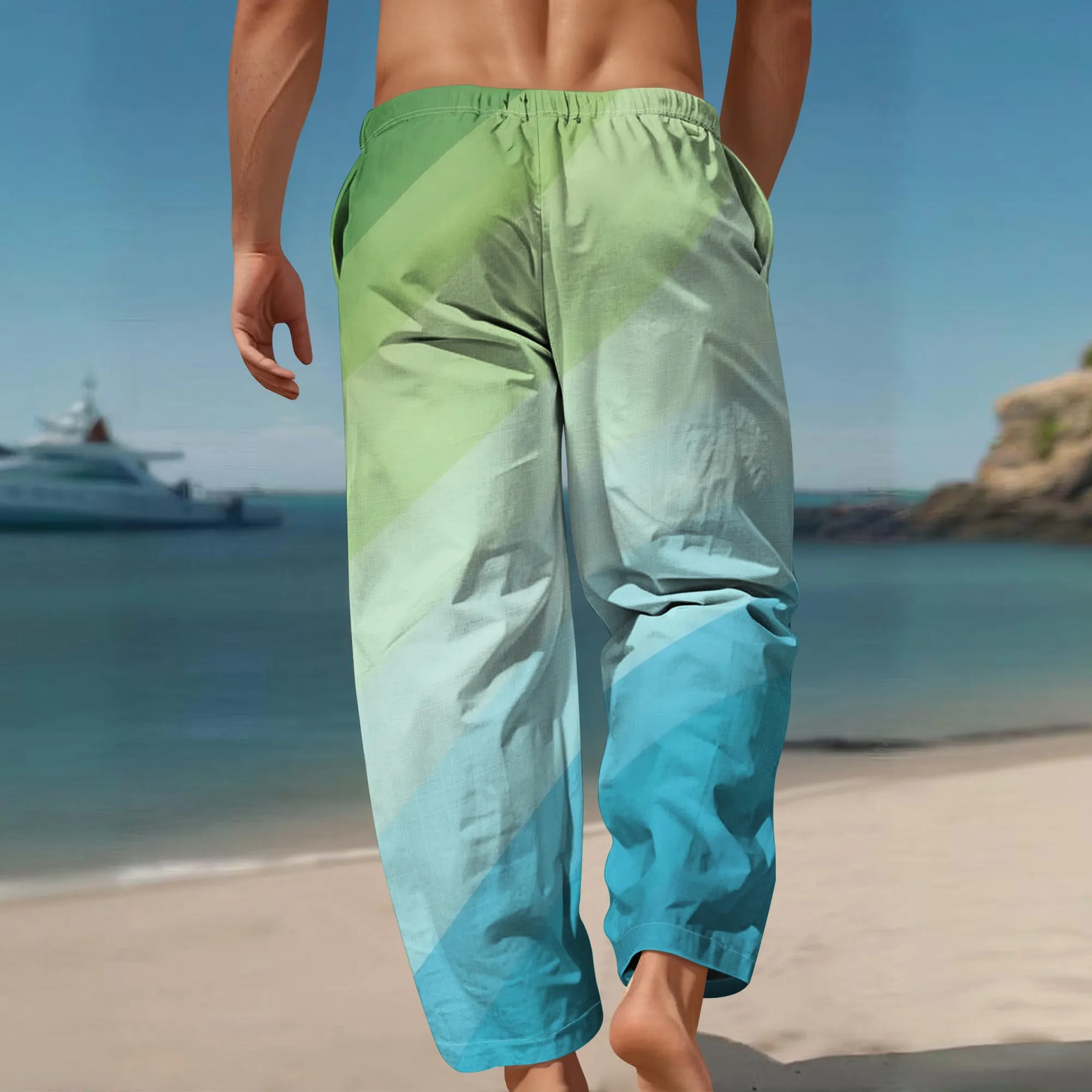 YEAE зелено-синие брюки с градиентным принтом в полоску для мужчин, летние повседневные свободные брюки на шнурке