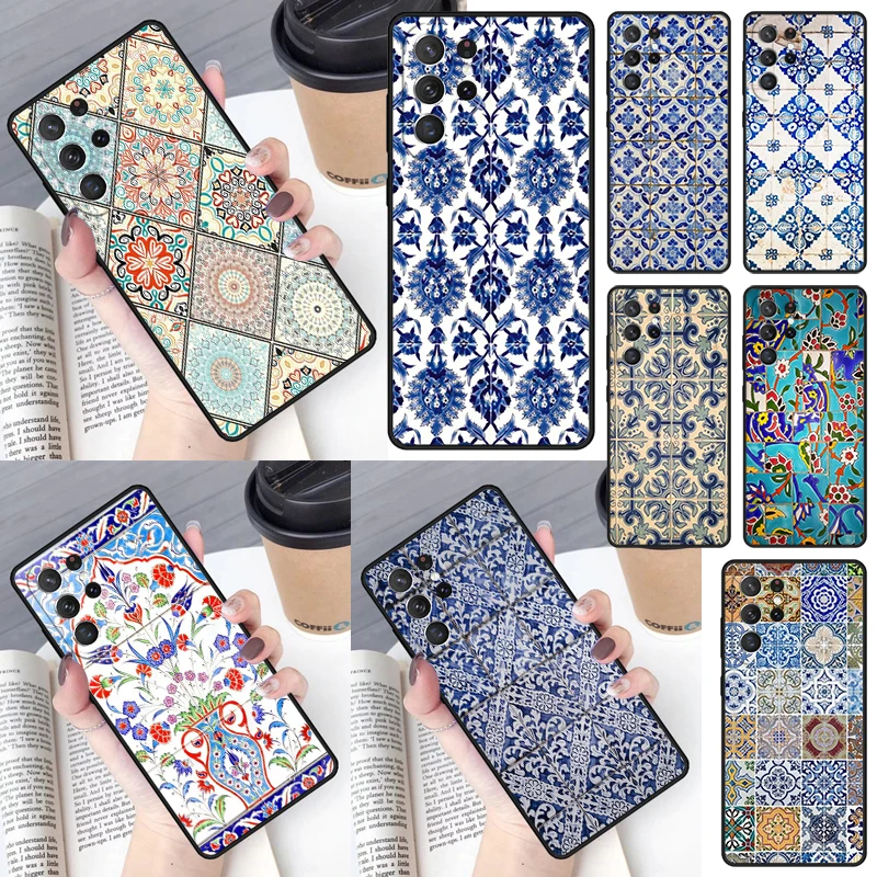 Ancient Floral Tiles Cover For Samsung Galaxy S23 Ultra S22 S20 S21 FE S8 S9 S10 Plus Note 10 20 Ultra phone Case