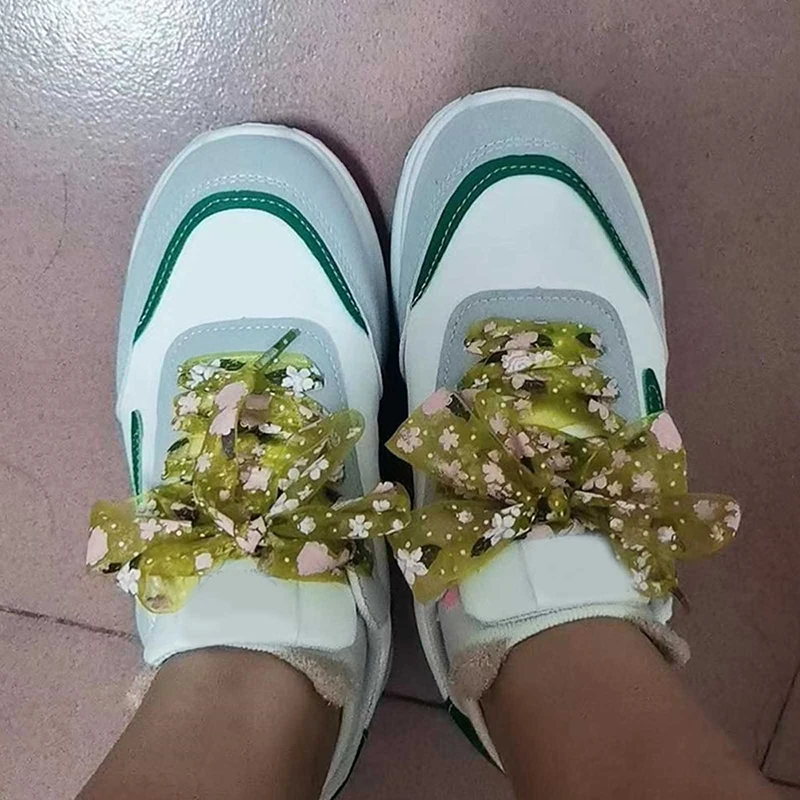 1Pair Trend Personality Sport Casual Shoes Laces Beautiful Printing Flower Chiffon Shoelace Men Women Bow Organza Shoelaces