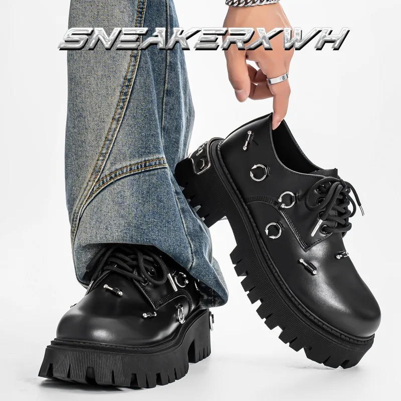 Men's 2026 Gothic Punk Casual Derby Shoe Metal Rivet Decor Thick Wear-resistant Lift Hidden Heel Non Slip Trendy Street Sneakers