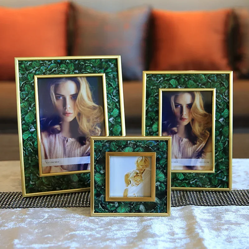 

Креативная стеклянная фоторамка, настольная фоторамка, установка зеленого агата, золотая рамка, дисплей для хранения фотографий, украшение для дома