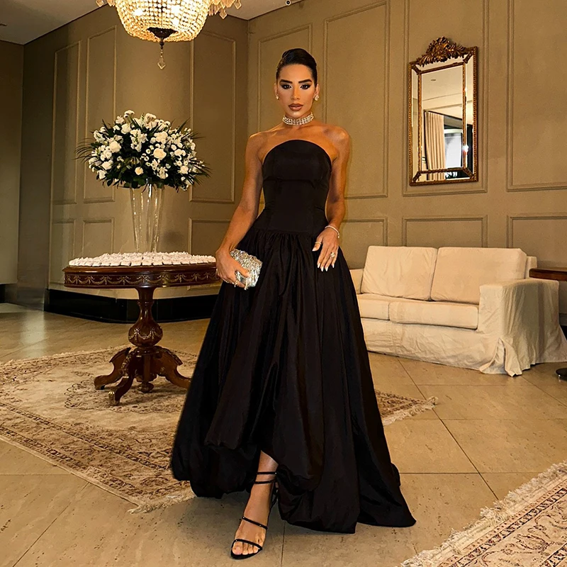 

Thinyfull Black A-Line Prom Evening Dresses Saudi Arabia Strapless Satin Party Dress Women Night Cocktail Prom Gowns Plus Size