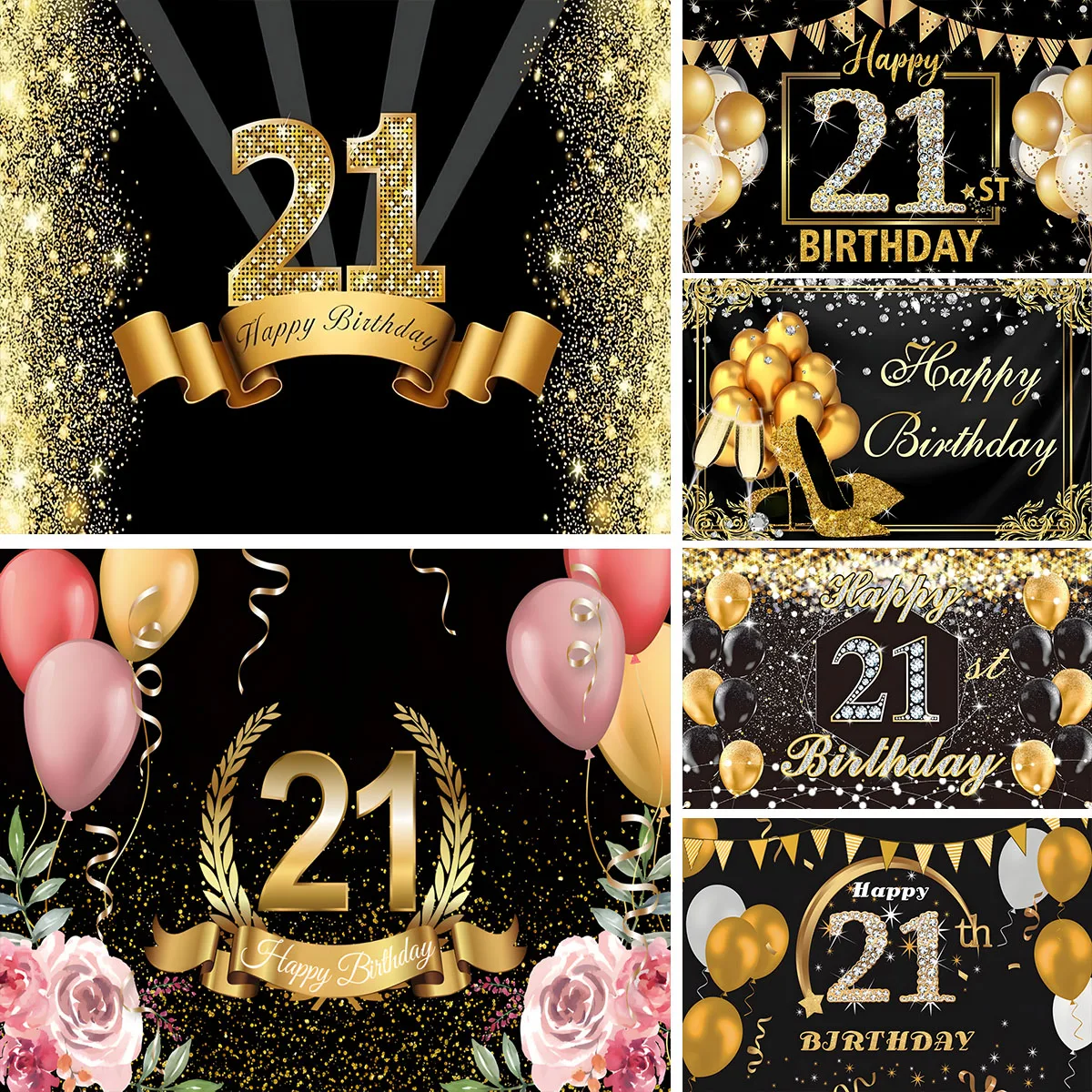 Black 21st Birthday Backdrop Happy 21 Years Old Banner Champagne Photo Background Party Decorations for Women Photo Booth Props