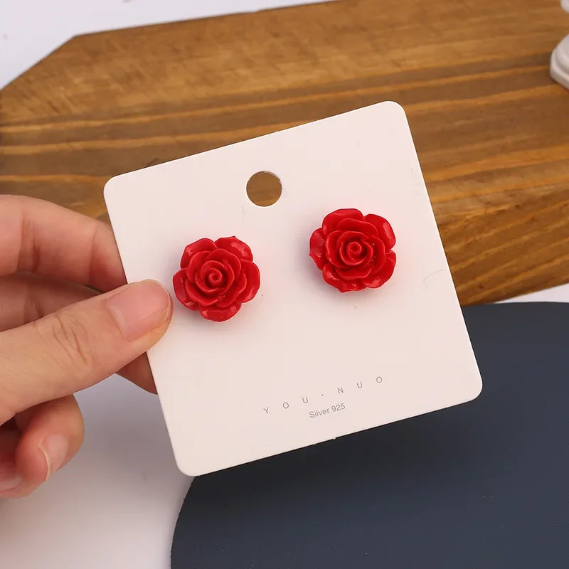 Sweet Cute Simple Resin Rose Flower Stud Earrings for Women Girls Valentine Day Gift Wedding Brides Jewelry Korean Earring