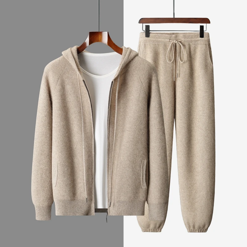ANGEL 100% Cashmere Men Hoodie Cardigan and Pants Knit Set Autumn Winter Thick Smart Casual Cashmere Sweater Trousers Suit Set