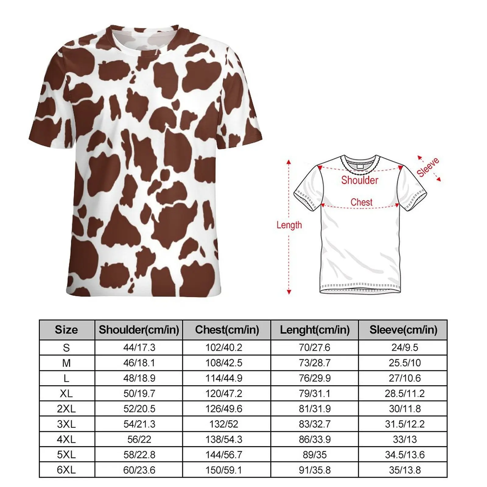 Brown White Cow Print T-Shirt Animal Trendy T Shirts Male Classic Tshirt Summer Short Sleeves Printed Tees Large Size