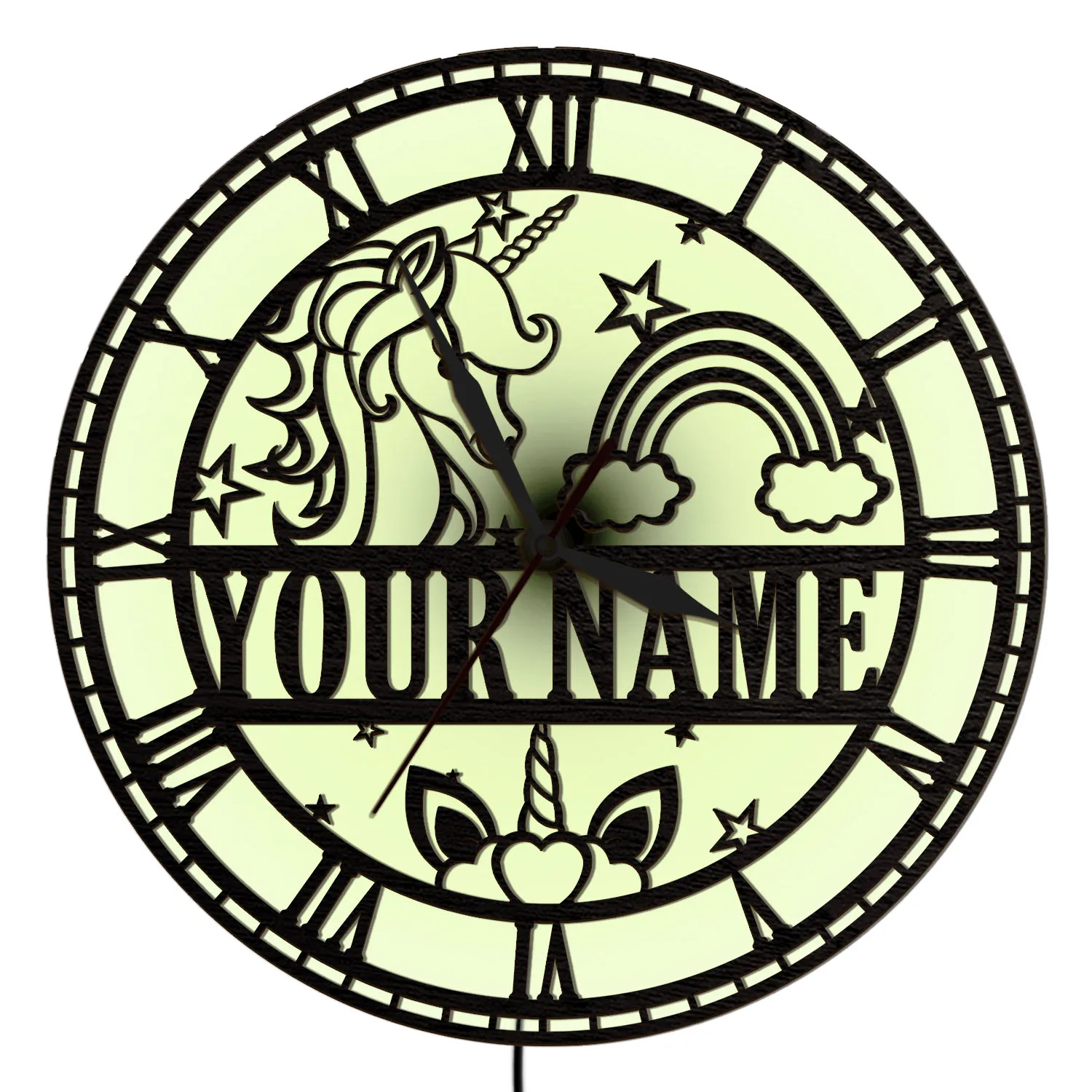 Personalized Unicorn Rainbow Led Illuminated Wall Clock For Girl Bedroom Kids Room Luminous Night Light Wall Clock Glow in Dark