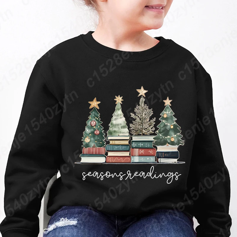 Christmas Trees & Books Seasons Reading Sweatshirt Children Girls Autumn Winter Tops Casual Sports Crew Neck Hoodeless Pullovers