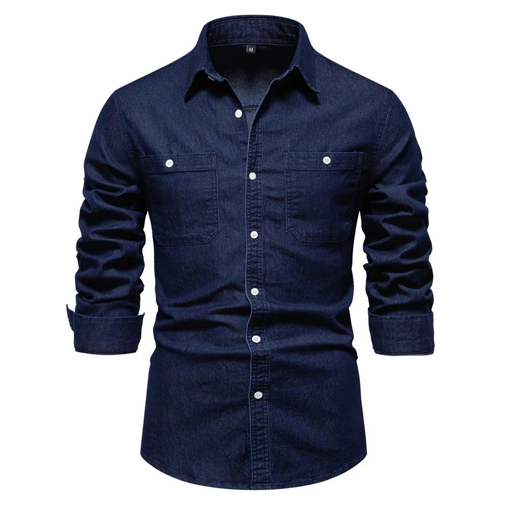 2023 New Autumn Men\'s Denim Shirt Cotton Elastic Casual Social Design Double Pockets Slim Jeans Shirts for Men