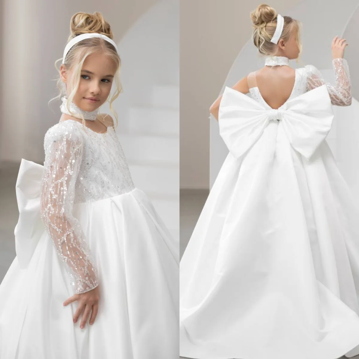 

White Flower Girl Dresses For Wedding Customized Sequined Bow Back Girl Baby Birthday First Communion Dresses