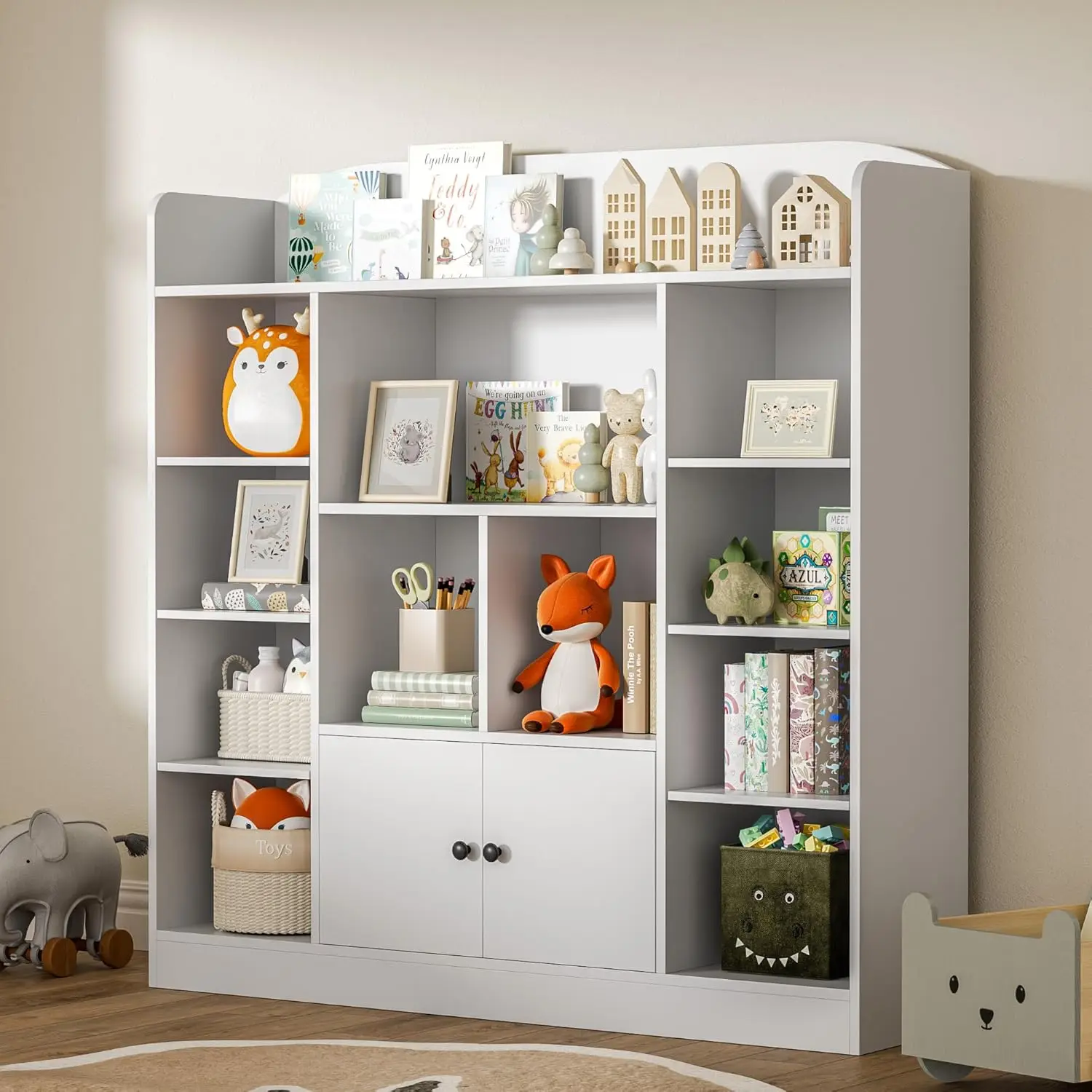 Bookshelf, Kids Bookcase with 11 Cubbies and 2 Cabinets, Freestanding Book Storage Shelves for Bedroom, Playroom, Hal