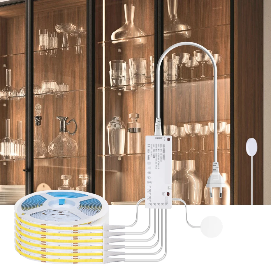 Lampu Strip LED COB Perekat DC 12V EU US UK AU Plug Led Pita Lemari dengan Sensor Sentuh Sakelar Peredup Di Bawah Lampu Kabinet