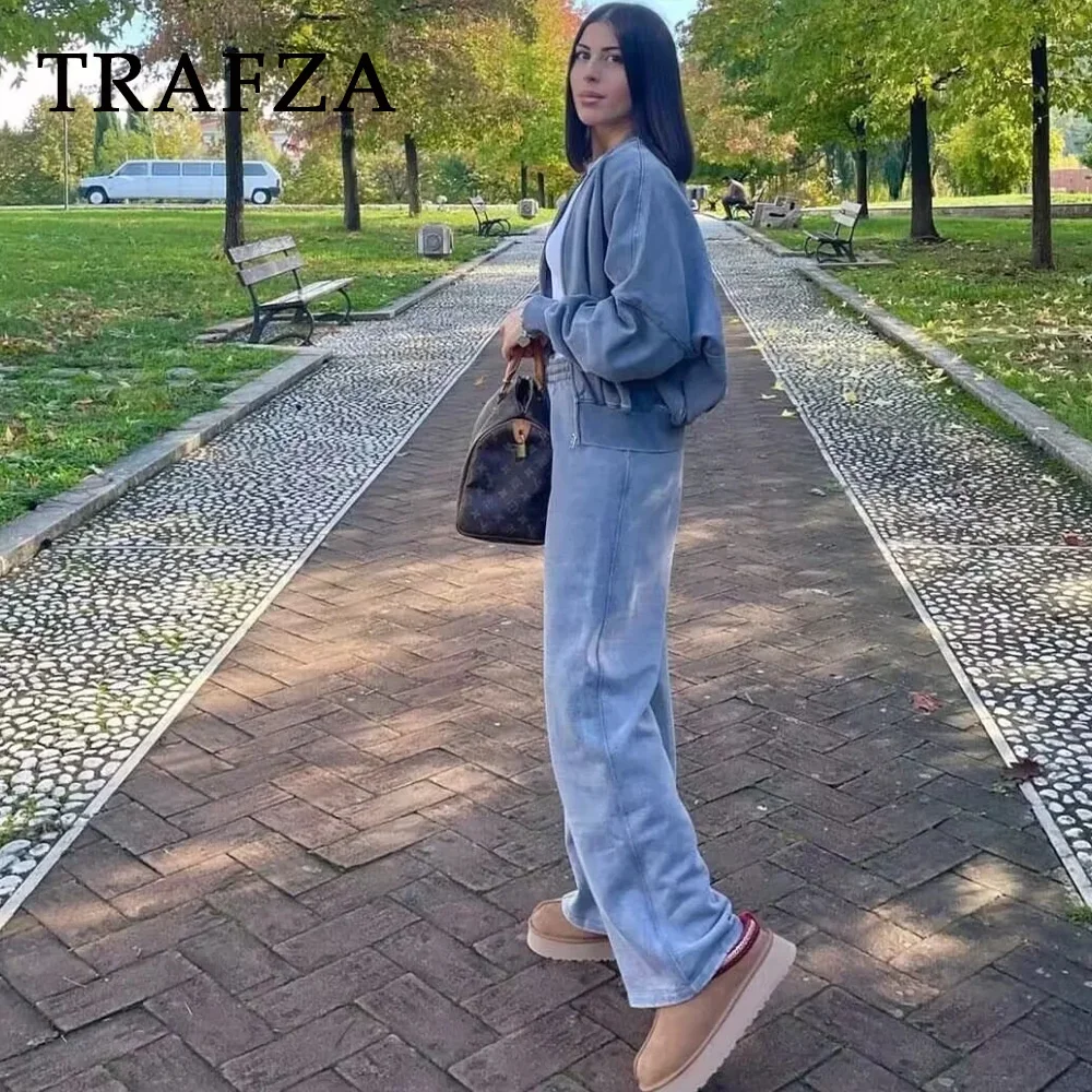 TRAFZA 2024 Autumn Winter Women Casual Solid Straight Suits Fashion Vintage Zipper O Neck Jackets+Elastic Waist Wide Leg Pants