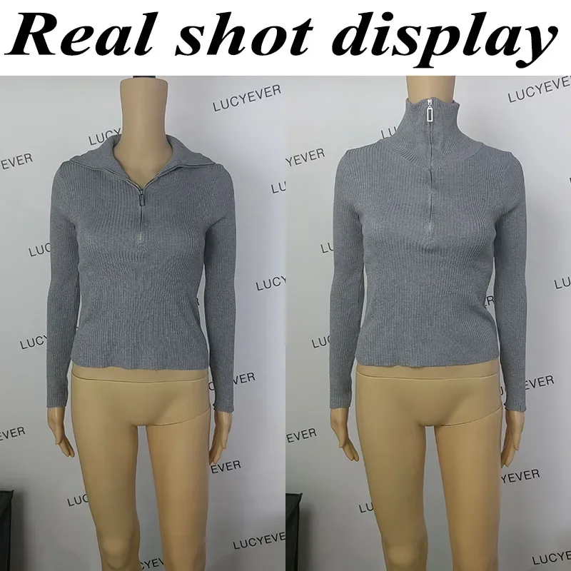 Xpqbb sweter rajut abu-abu antik wanita, jaket dasar polos Turtleneck Pullover ritsleting musim semi musim gugur untuk perempuan