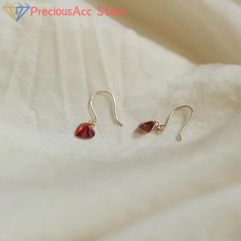 1Pair Korean Style Exquisite Wine Red Zircon Love Heart Dangle Stud Earrings For Women Simple Fashion Ear Hook Party Jewelry