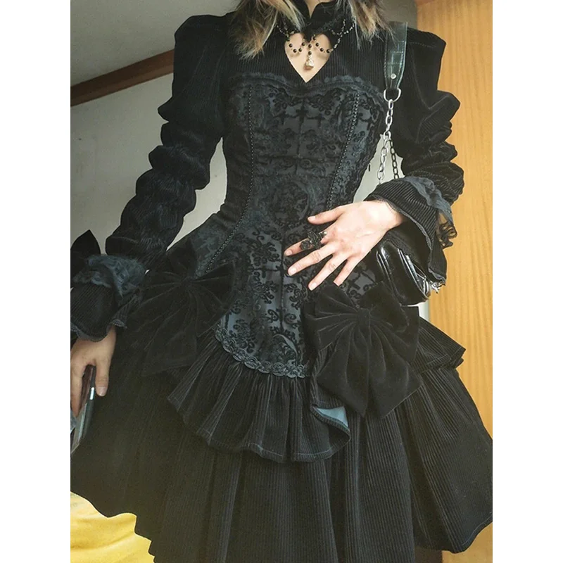 Vestido de Lolita gótico de manga comprida feminino, Jacquard clássico, Escuro, Outono, Inverno, 2023