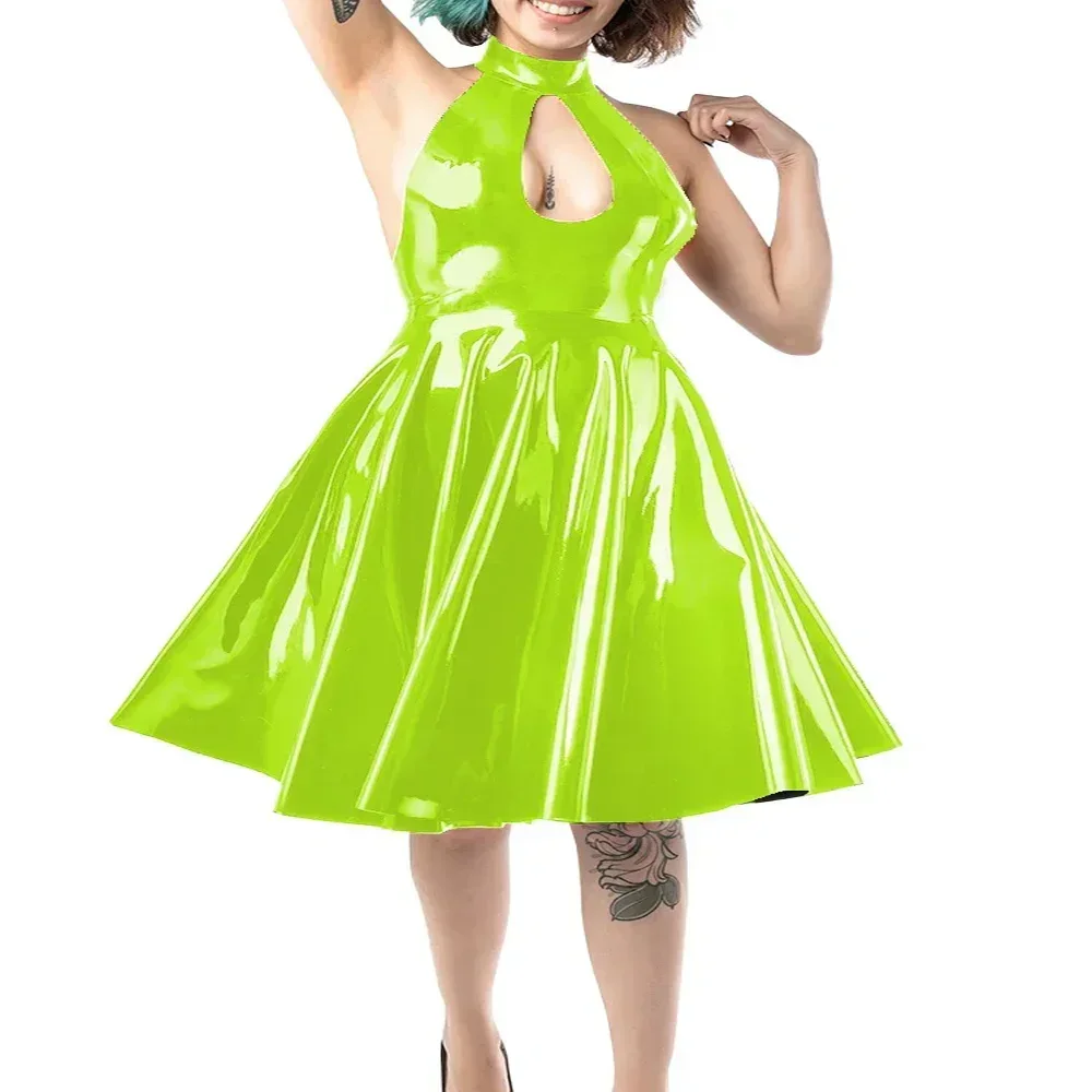 Plus Size Female Halter Sleeveless Dresses Sexy Backless Hollow Out Vestido Glossy PVC Lather Bodoycon Dress Club Stage Apparel