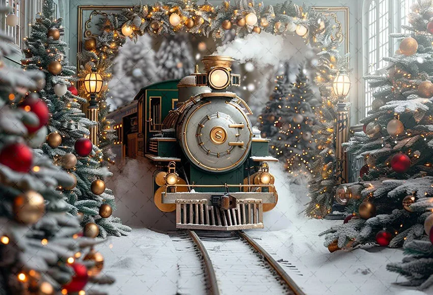 Mehofond Photography Background Winter Christmas Polar Express Train Xmas Tree Kids Family Portrait Decor Backdrop Photo Studio