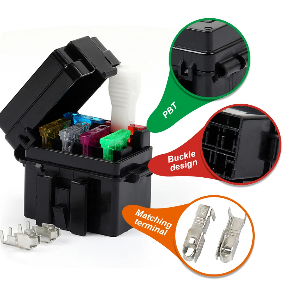 4 Way Black Medium Relay Fuse Box Assembly with 8pcs Terminals Car Insurance Holder Automotive Circuit Controller Box Universal