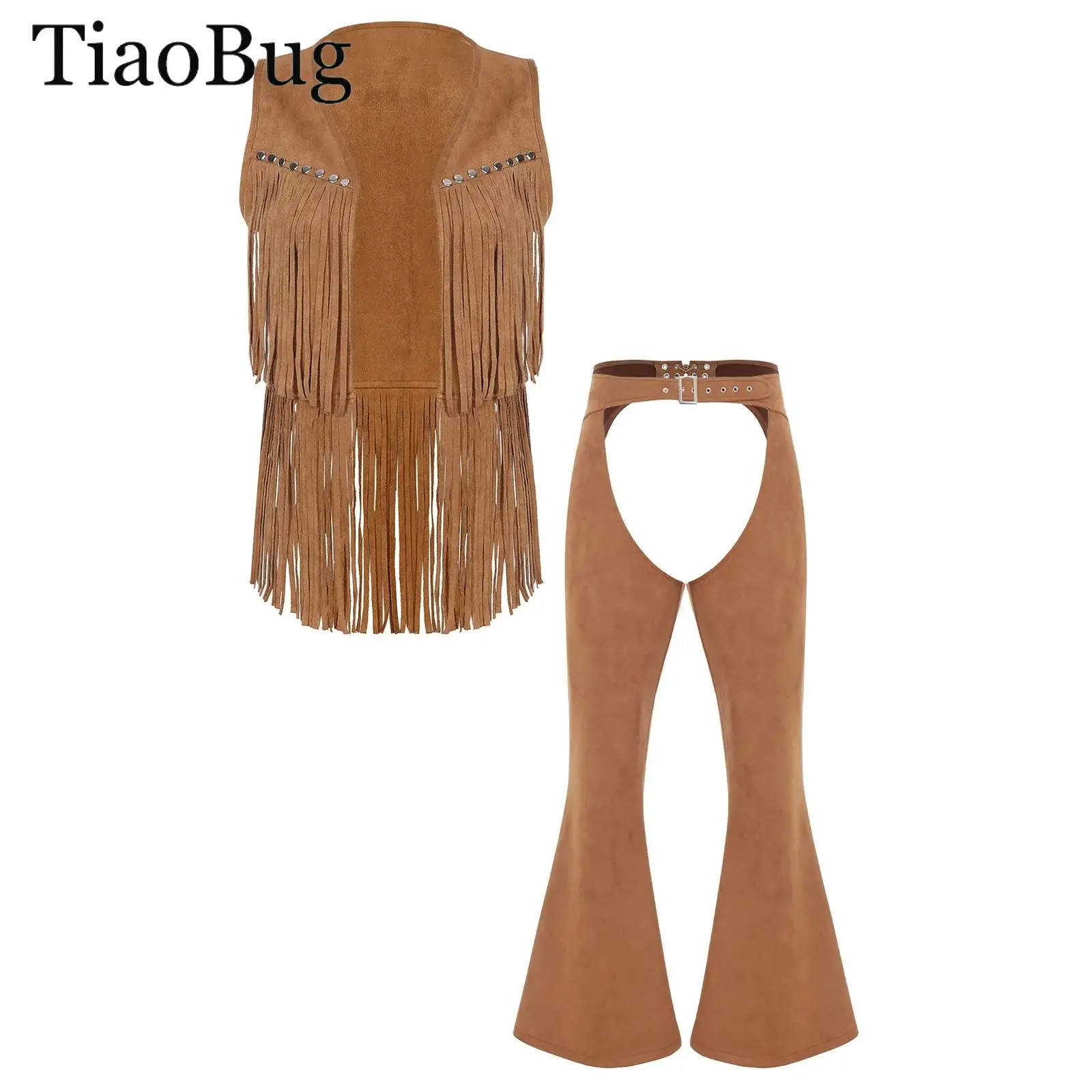 

Men Halloween Cosplay Cowboy Costumes Open Front Faux Suede Tassel Vest Waistcoat Tops And Hollow-out Crotch Fringe Pants Outfit