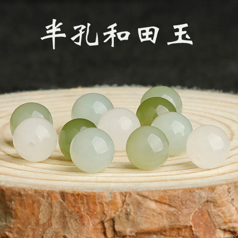 Natural Hetian Jade Half Hole Beads 6 Mm8mm round Beads Clear Water Green Single Beads Handmade Scattered Beads DIY Ear Studs