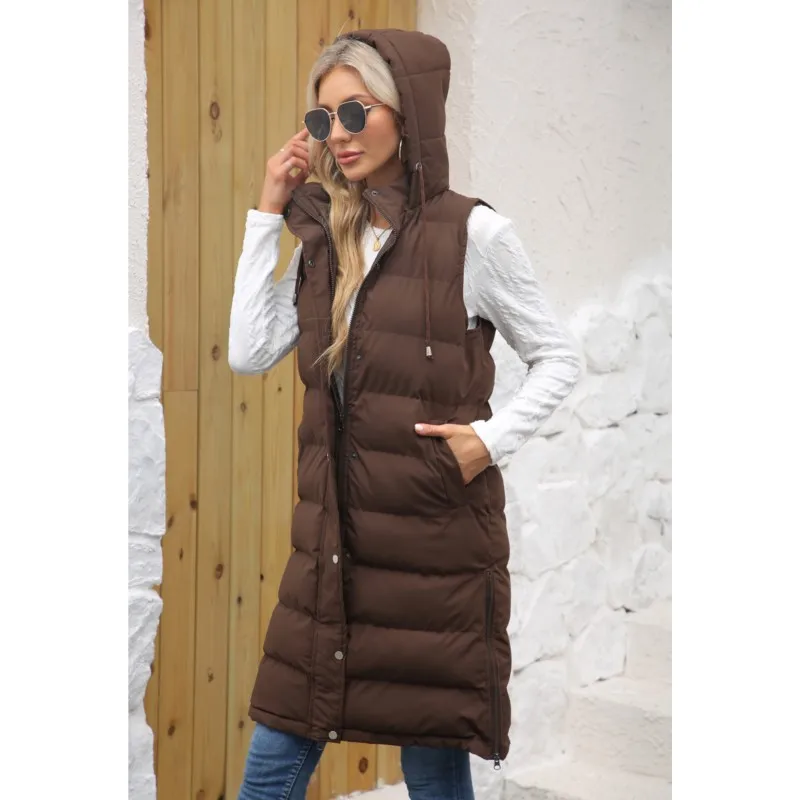 2025 nuevo chaleco de algodón con capucha a la moda para mujer Chaqueta larga abrigo color sólido sin mangas cremallera trajes cálidos gruesos