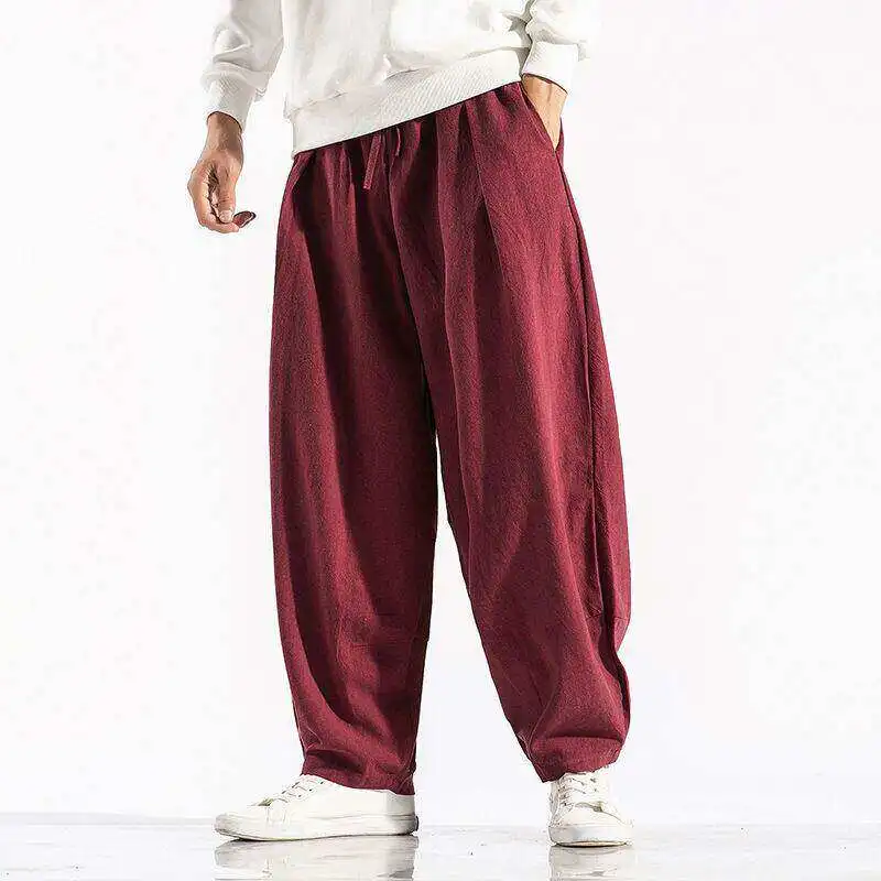 

Men's Cotton Linen Loose Wide Leg Harem Pants Summer Youth Large Size Color Trendy Carrot Crotch Pants Casual Trousers