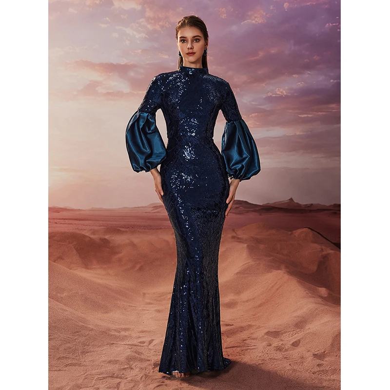 Women Sequined Luxury Party Dresses Elegant Ladies Lantern Sleeve O Neck Formal Occasion Cocktail Prom Evening Long Maxi Dress