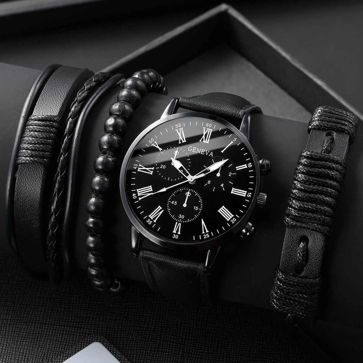 Conjunto de relojes de negocios para hombre, pulsera de cuarzo con esfera árabe, de cuero, Vintage, sin caja, 4 unidades