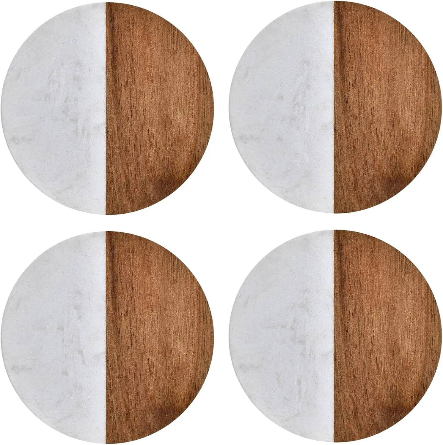 

Set of 4 Round Natural Wood and Marble Style Drink Coasters for Coffee Table, Bar Glasses, Beer Cans, Living Room Decor