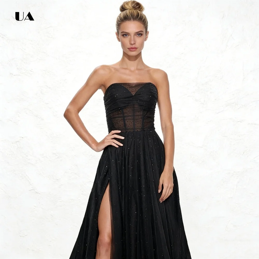 반짝이는 튤 A라인 프로미 드레스, 환상적인 스트랩리스 디자인, 솔리드 슬릿 이브닝 드레스, 여성용 섹시 맞춤 파티 가운