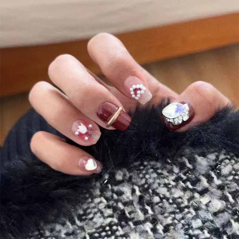 Handmade Red Press On Nails Reusable Adhesive Cute False Nails Shinning Manicure Larger Diamond Decoration Fingernail Wedding