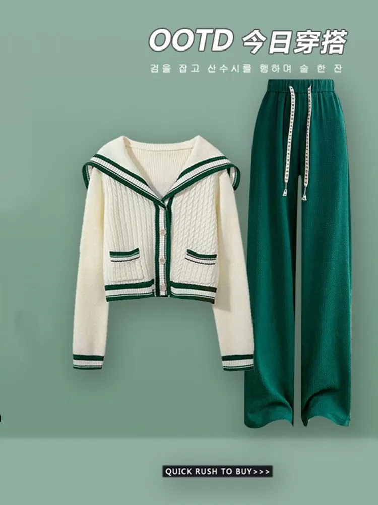 Spring and Autumn Suit Women 2023 New Fashionable Age Reducing College Style Sweater Green Casual Pants Two Piece Set