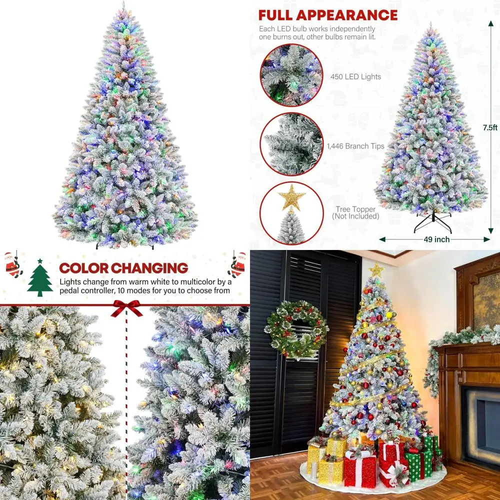 شجرة عيد الميلاد الاصطناعية الثلجية بطول 7.5 أقدام مع 450 مصباح LED متعدد الألوان ونصائح فرع 1446، وحامل معدني #1