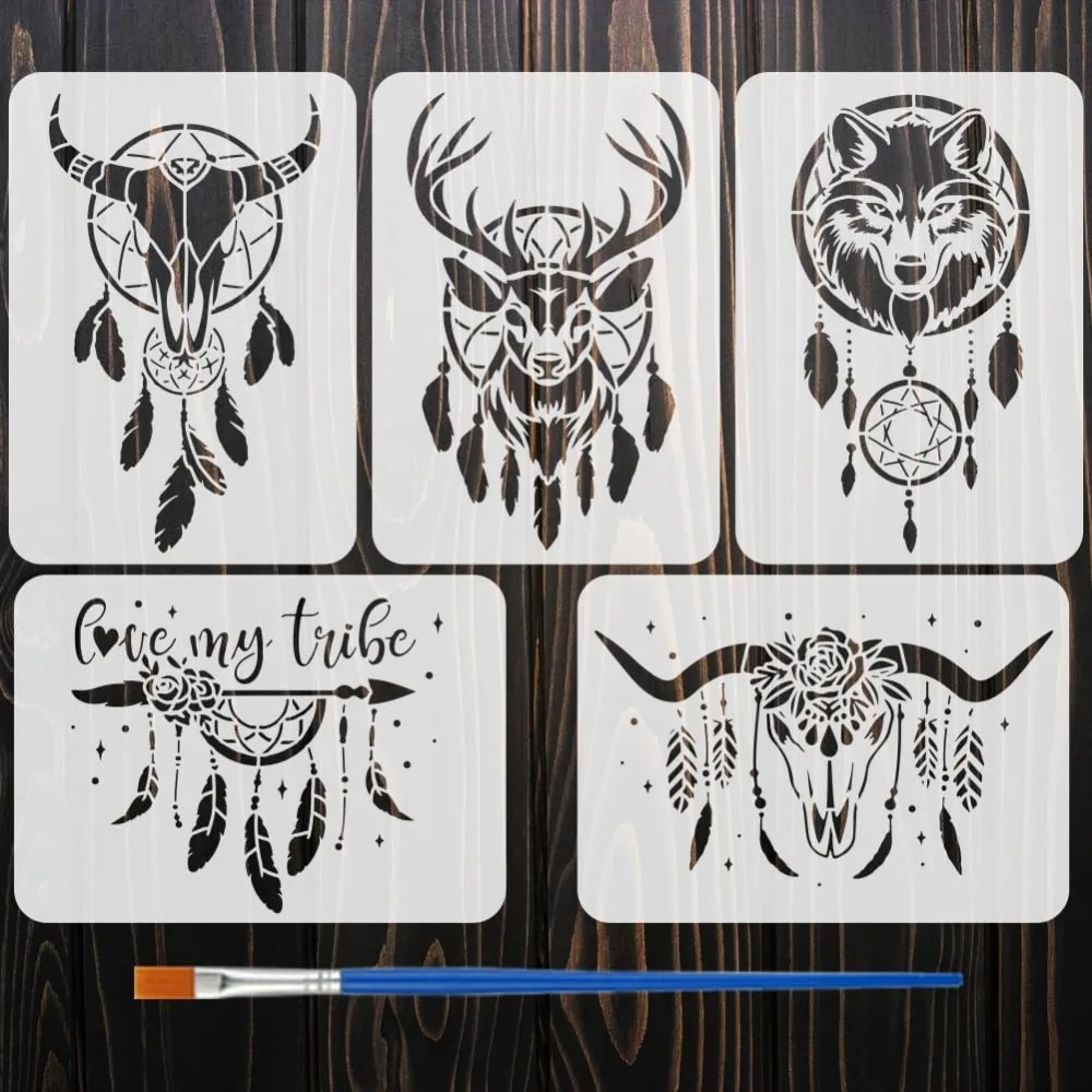 5PCS Animals and Dreamcatcher Painting Stencil with Paint Brush 8.3x11.7 Inch Native American Style Drawing Template Deer Wolf
