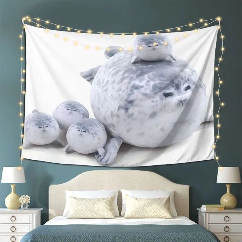 VIKAMA Soft Cute Round Fat Spotted Seal Doll Healing Tapestry Background Fresh Cute Wall Decoration Room Decoration