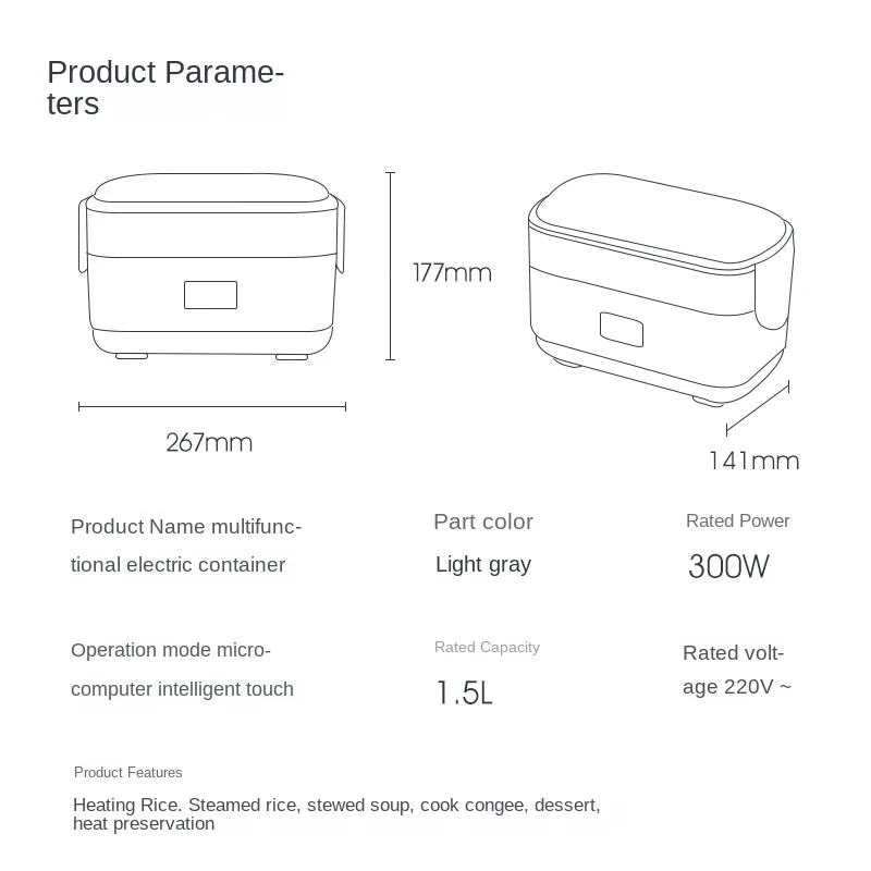 Plug-in Electric Lunch Box Insulation Lunch Box Portable Heated Lunch Box Double Stainless Steel Liner 1.5L