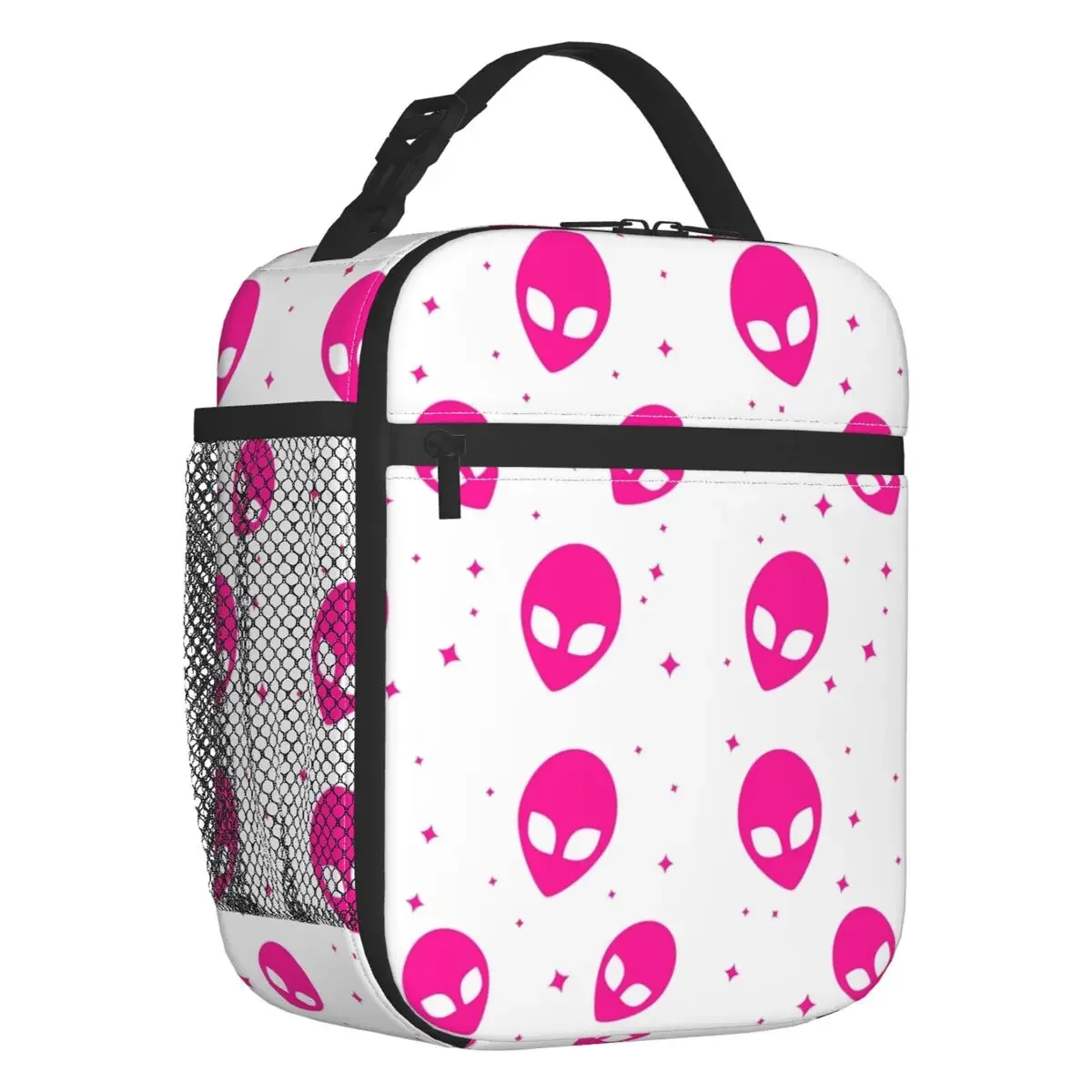 Pink And White Alien Pattern Portable Lunch Box Waterproof Sci Fi UFO Space Thermal Cooler Food Insulated Lunch Bag Office Work