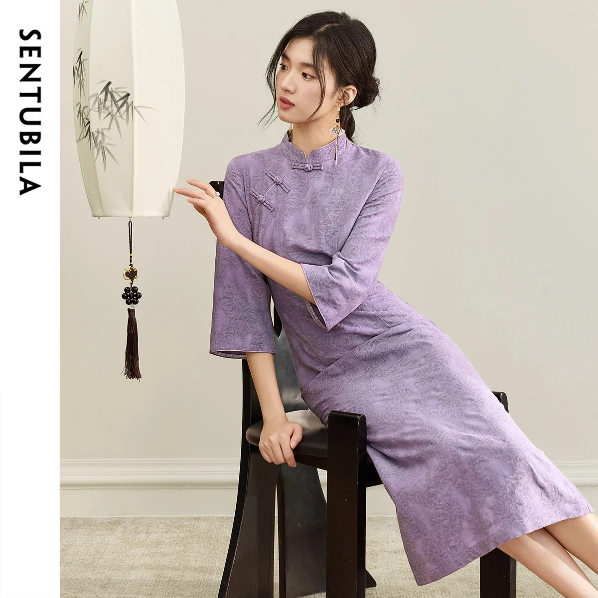 SENTUBILA Women's Elegant Stand Collar Dress 2025 Autumn New Chinese Style Frog Buttons Three Quarter Sleeve Dress Q53LI3773