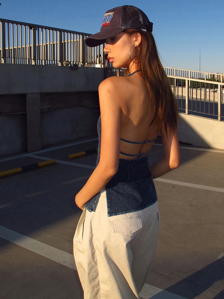 Whatiwear 섹시한 백 레스 탱크 탑 여성 여름 트렌드 홀터 오프 숄더 사이드 스플릿 스키니 탑 Hottie Hipster Classic Outfits