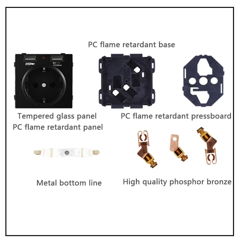 DepoGuye Wandsteckdose mit zwei USB-Steckdosen, 2,1 A, Schlafzimmersteckdose, 16 A Wandsteckdose, PC-Panel, Steckdose nach Spanien, Russland und EU