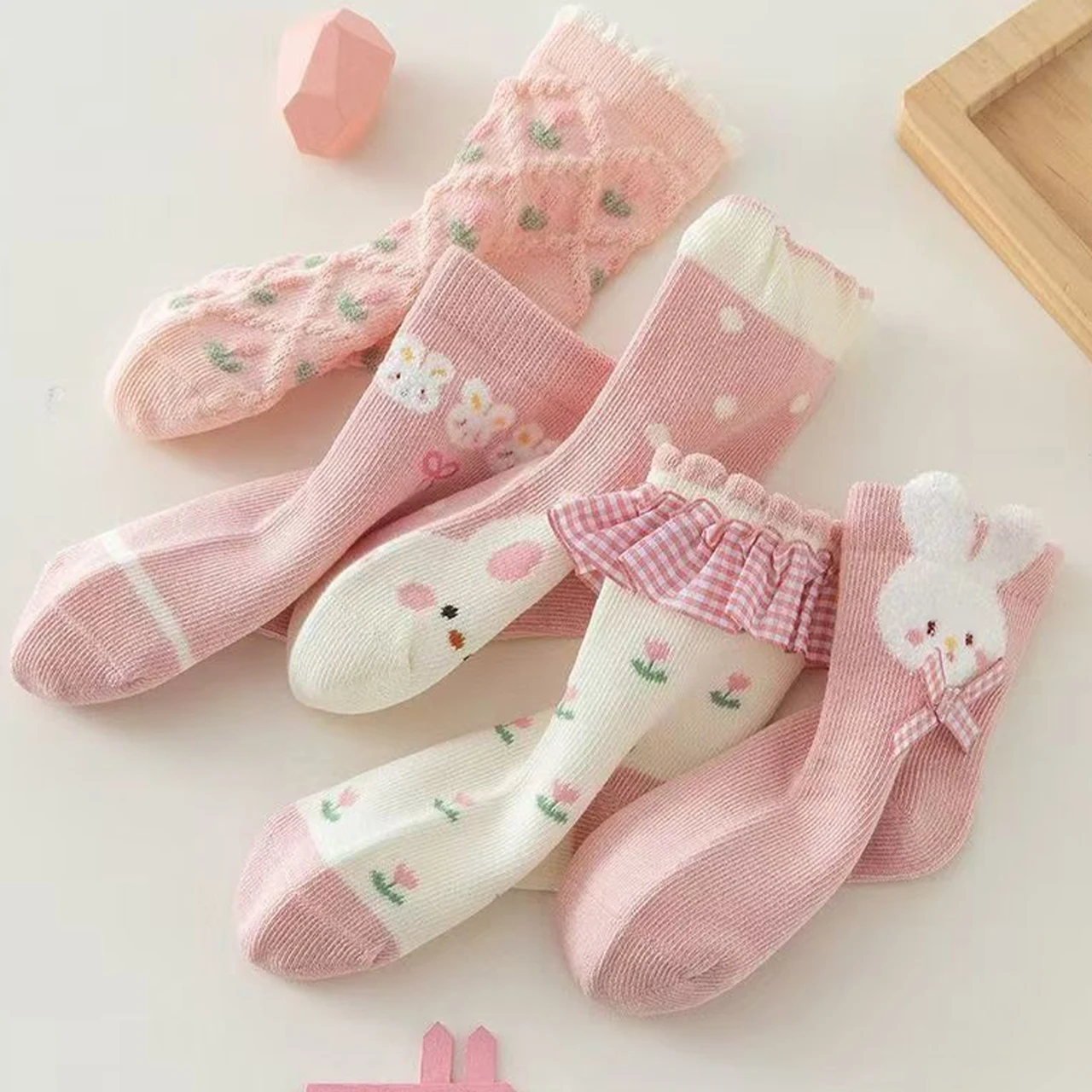 5Pair Pink Rabbit Girl Socks Spring Autumn Children Mid Tube Sock Sweat Absorbing Breathable Cotton Sock 1-5Year Kids Footwear