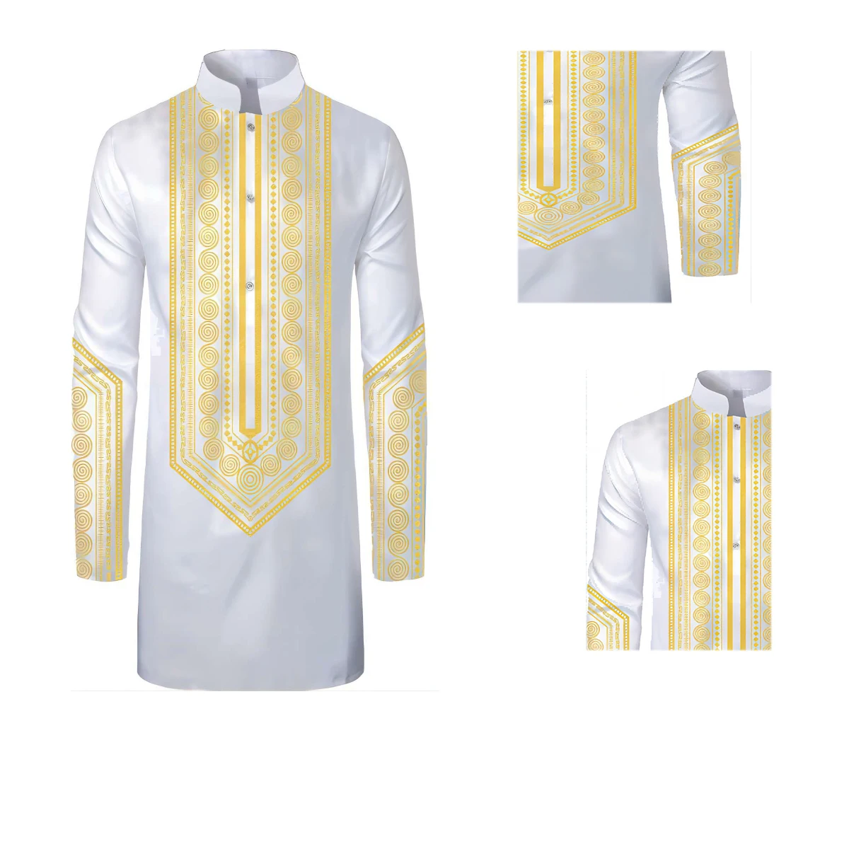 2pcs Men's Outfit, Embroidery Print Stand Collar Long Sleeve Button Up Robe & Drawstring Trousers For Cultural Activities