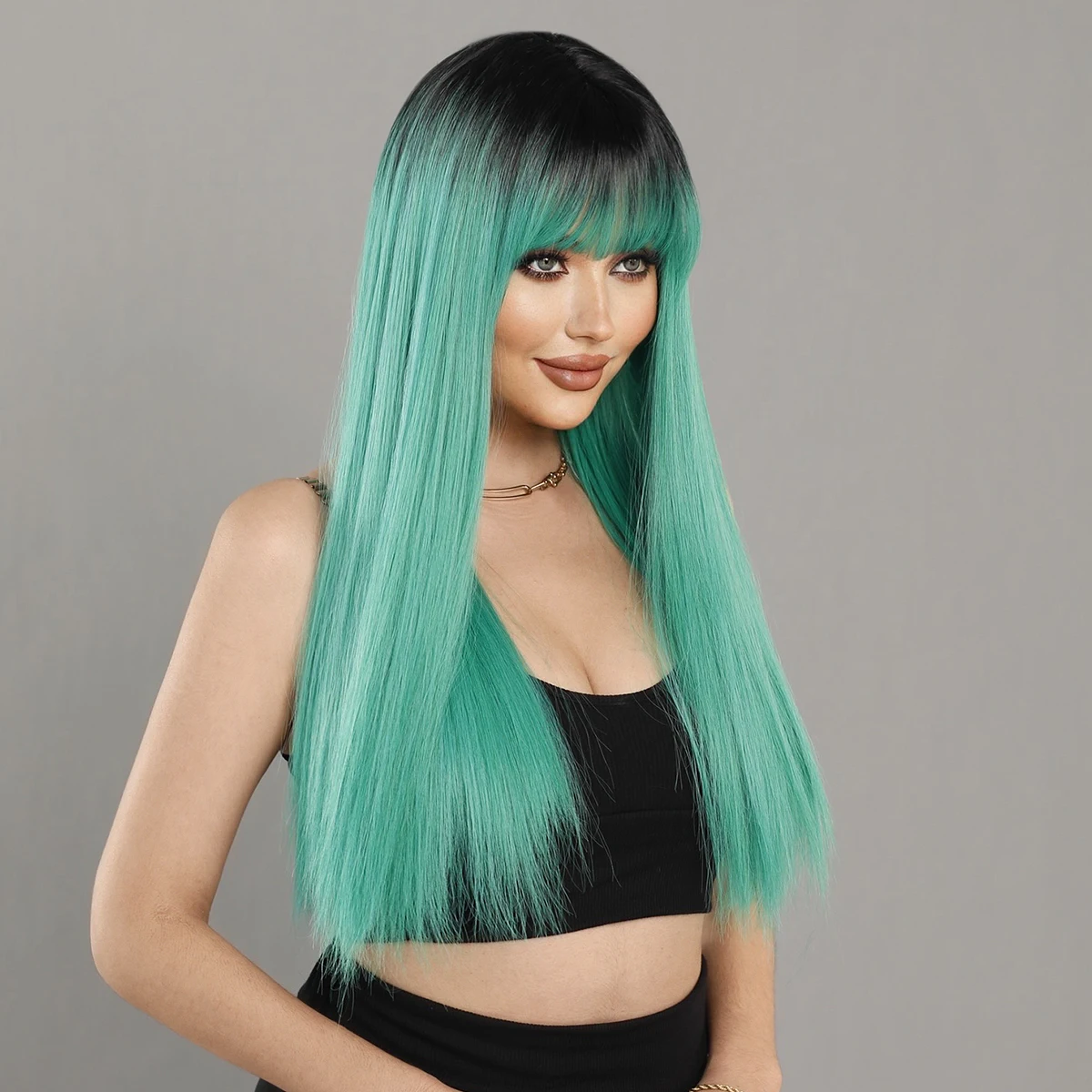 NAMM Long Straight Grass Green With Black On Top Wig With Bangs for Women Popular Sweet Synthetic Wig for Daily Cosplay