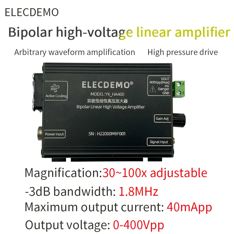 High voltage amplifier, piezoelectric ceramic PZT driven ultrasonic power amplifier, 400Vpp arbitrary wave electromagnetic field