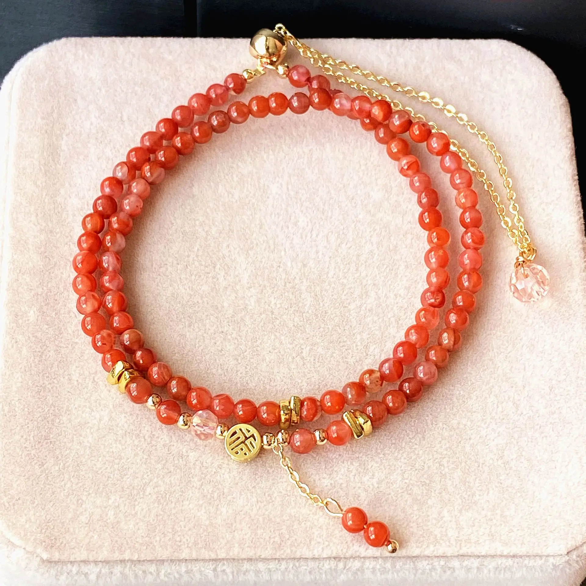 Nanhong, Ice Piao Nanhong agate, Xiaomi bead bracelet, new Chinese multi-layer double-circle stacked bracelet, bracelet.