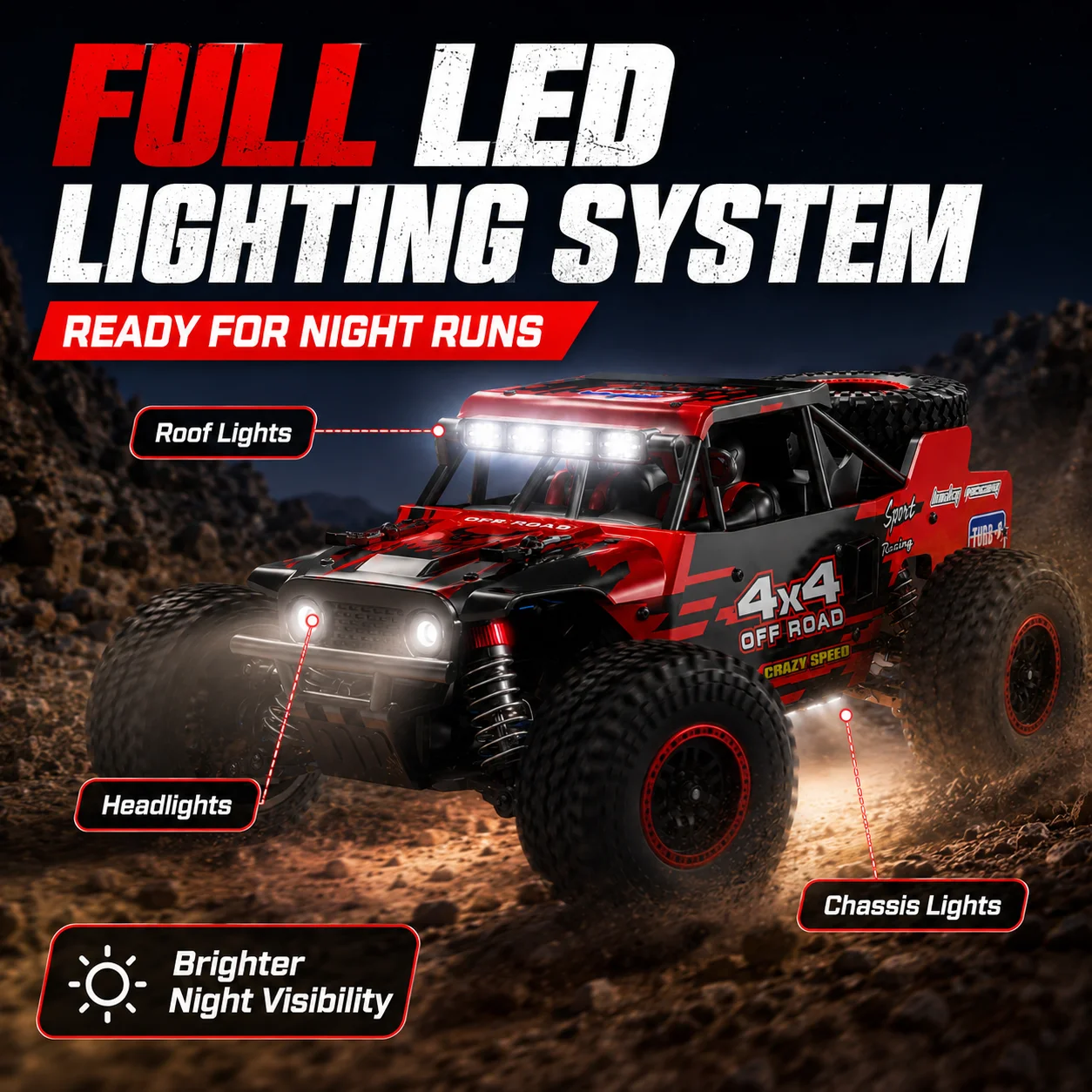 1:16 4WD Brushless RC Off Road Buggy 50KM/H 2433 Motor Metal Differential 100M 2.4G Full Proportional Remote Multi LED Lights RC Car