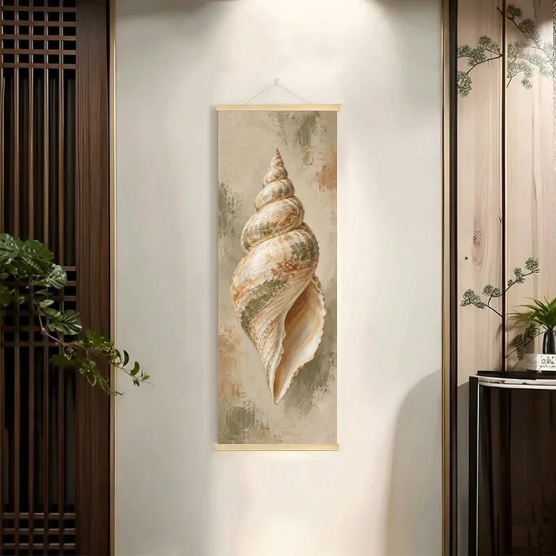 Seashell Crystals Agate Rings and Golden Leaf Hanging Scroll with Muted Natural History Illustrations for a Home Office