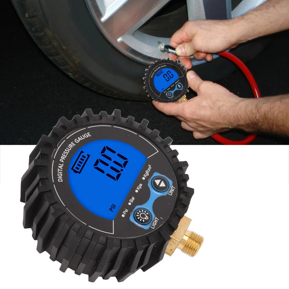 Digital Tire Pressure Gauge LCD Display Four Unit 3‑200PSI Wheel Tyre Air Inflator Monitoring Tester M11x1 Thread Blue Backlight